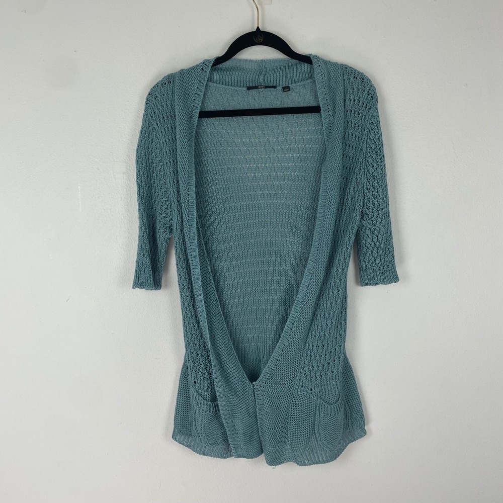 BOSS Hugo Boss Knit Cardigan Sweater Women's Small Blue Open‎ Front 100% Linen - Picture 2 of 9